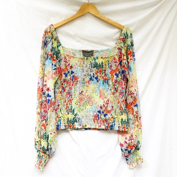 ANTHROPOLOGIE | ROUEN SMOCKED MULTI COLOR FLORAL LONG SLEEVE BLOUSE SIZE LARGE - Picture 4 of 10